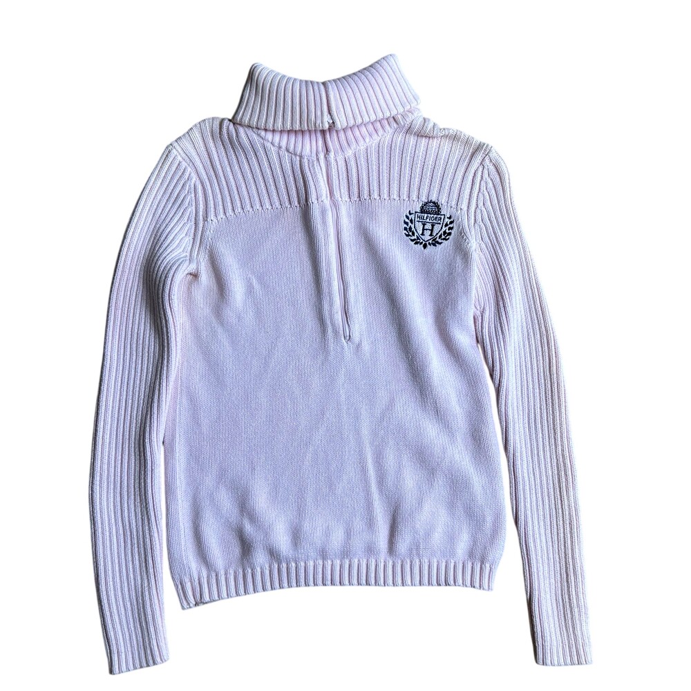 VTG Tommy Hilfiger Sweater Womens S Pink 1/4 Zip Turtleneck Slim Knit Pullover